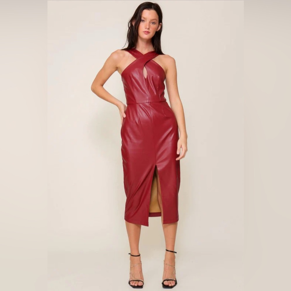 fab'rik Red Vegan Leather Halter Midi Dress
